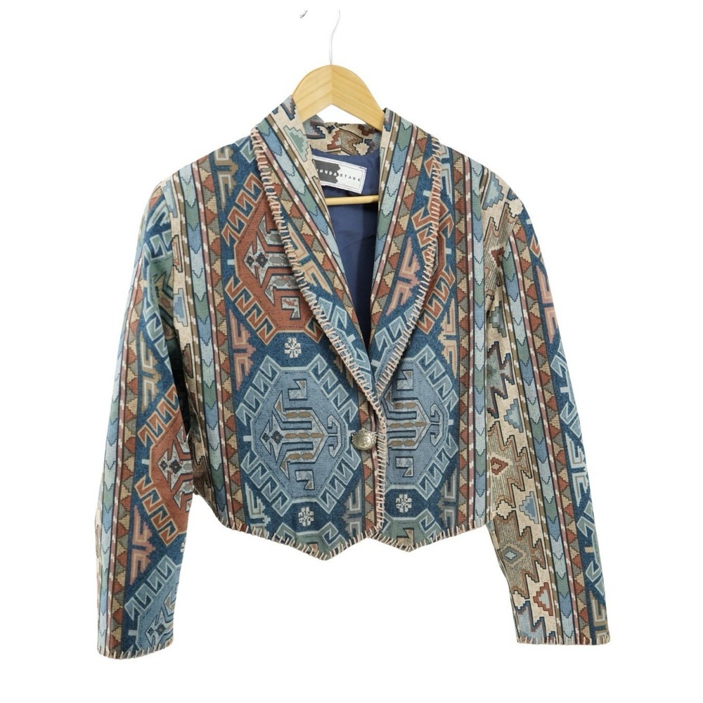Vintage Rhonda Stark Wool Southwestern Aztec Cropped Blazer Jacket USA‎ S or M